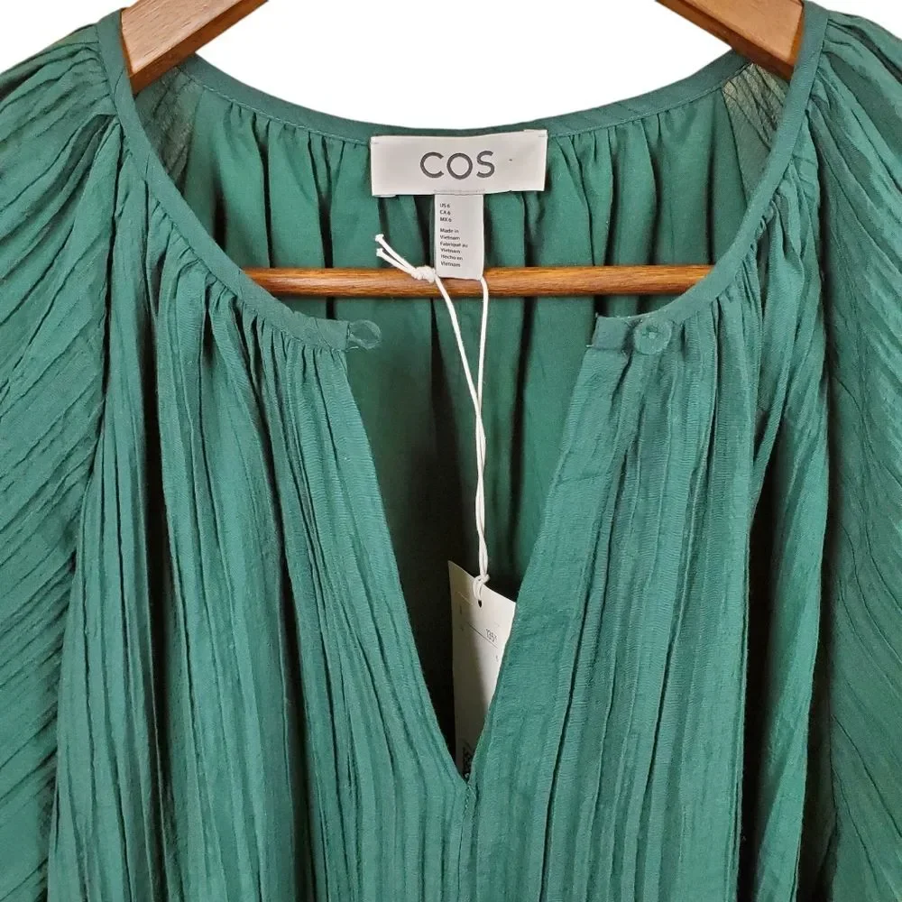 COS Teal Green Crinkled Shift Dress 3/4 Balloon Sleeves Size 6 - Picture 4 of 9